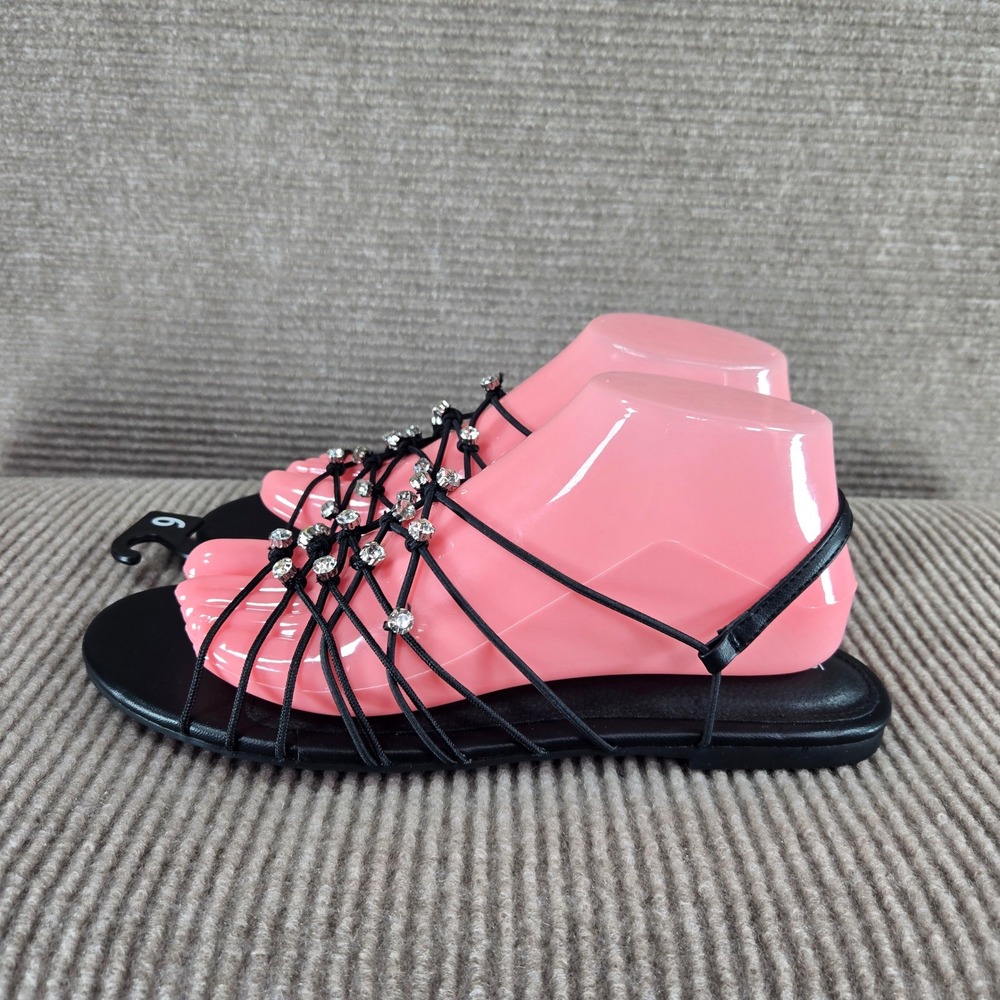 No Boundaries 9 Black Rhinestone Strappy Memory Foam Flat Sandals WMNB26AM655